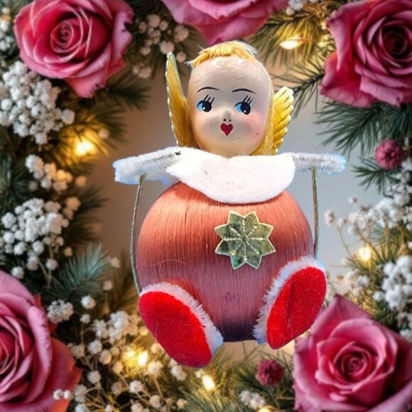 Vintage 1960s Satin Ball Angel Ornament Foil Wings Spun Cotton Composite Face v4 - Picture 1 of 9